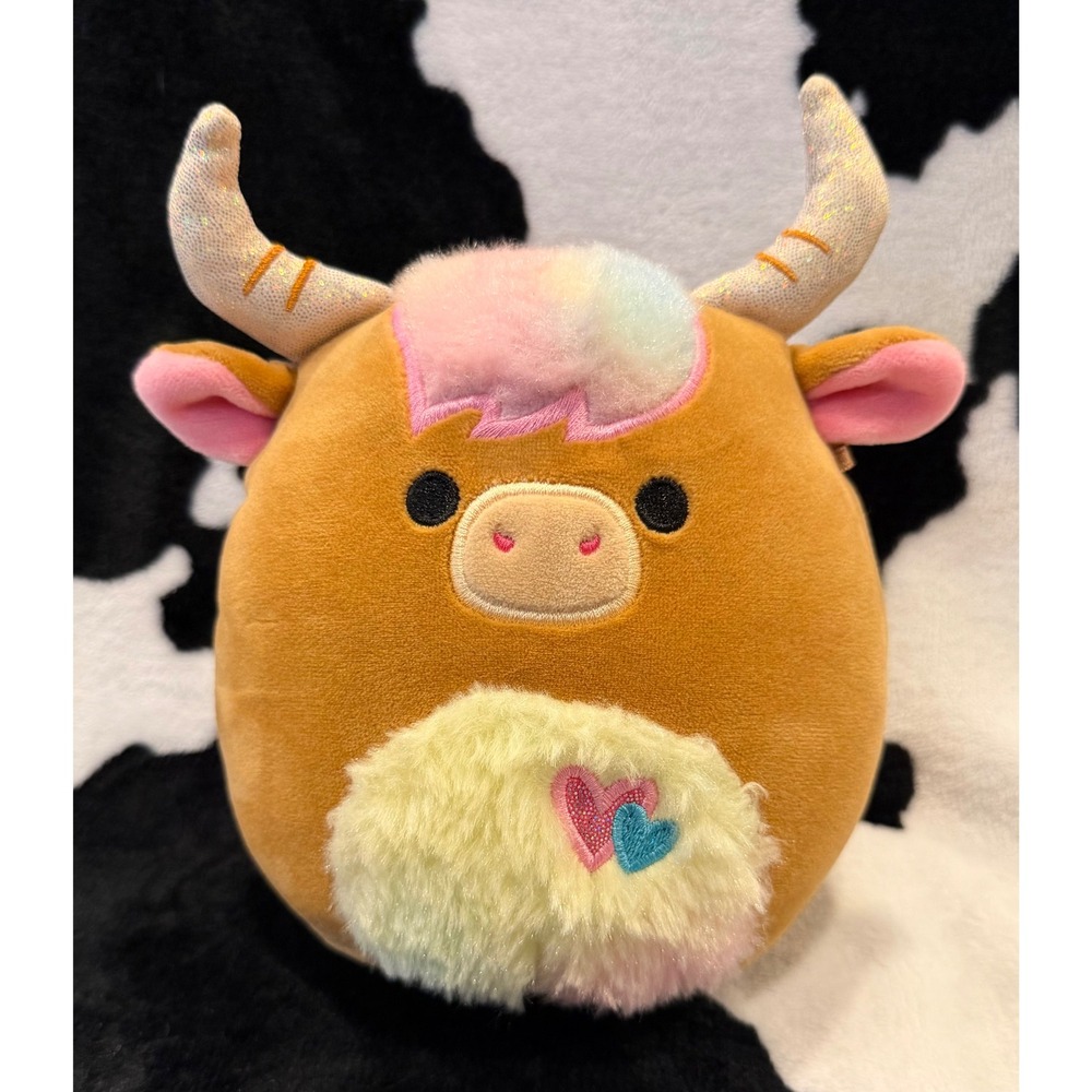 Squishmallows Shep Highland Cow 8 Inch Plush Tan Rainbow Fuzzy Belly